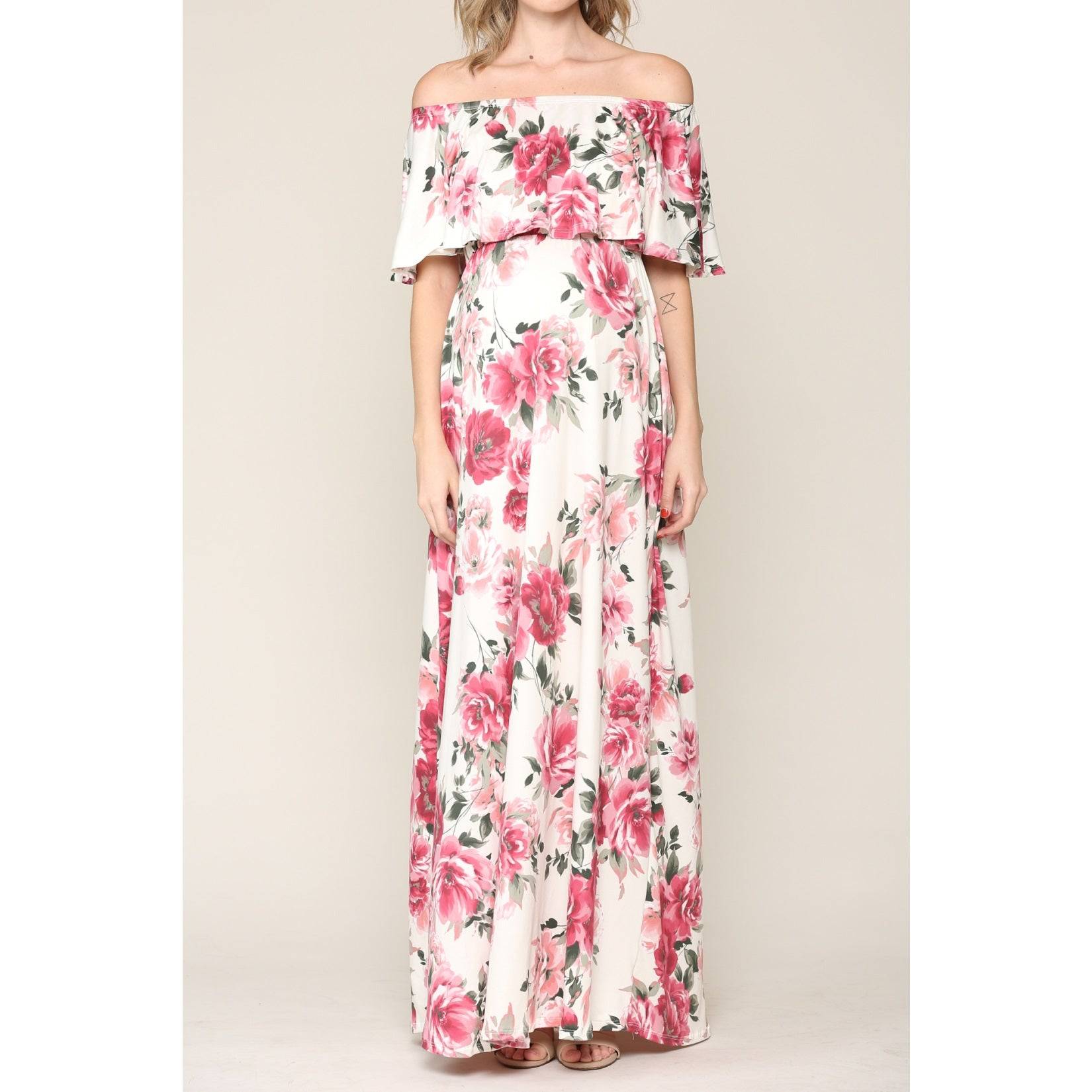 Floral Ruffle Off Shoulder Maxi Maternity Dress - Stella Lane Boutique