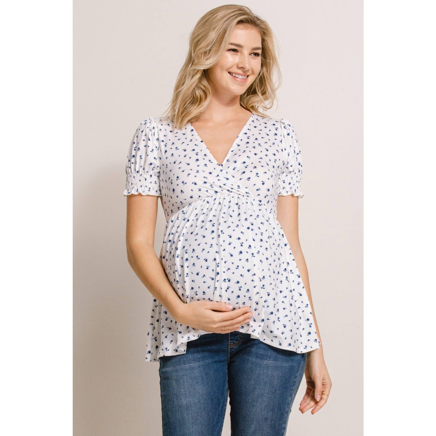Ditsy Floral Smocking Sleeve Wrapped Maternity Top - Stella Lane Boutique