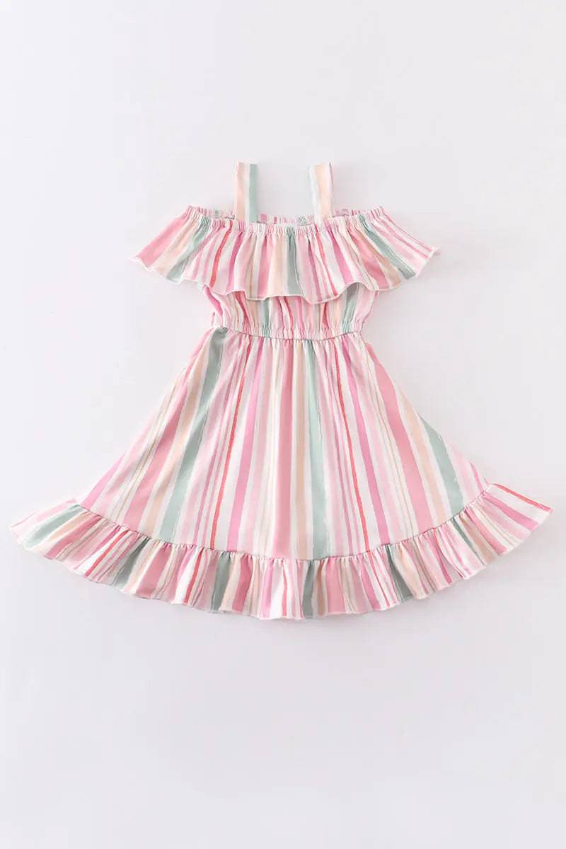 Pink Multi Stripe Girl's Ruffle Dress - Stella Lane Boutique
