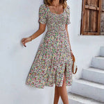 Smocked Floral Dress with Slit - Stella Lane Boutique