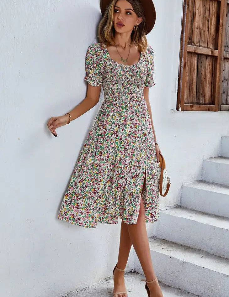 Smocked Floral Dress with Slit - Stella Lane Boutique