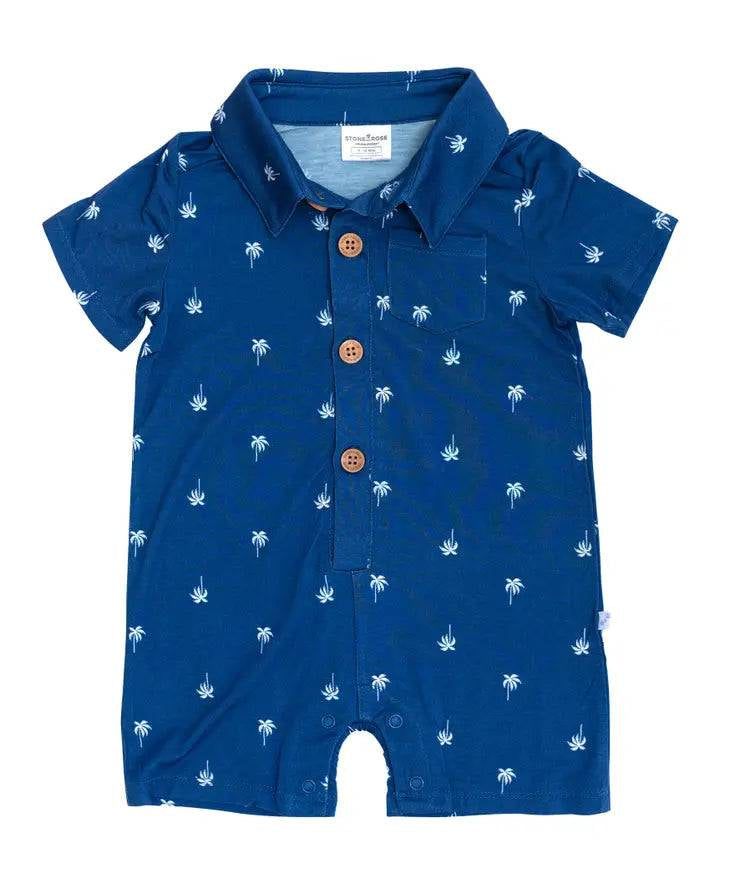 Blue Palm Tree Short Sleeve Collared Henley Bamboo Romper - Stella Lane Boutique