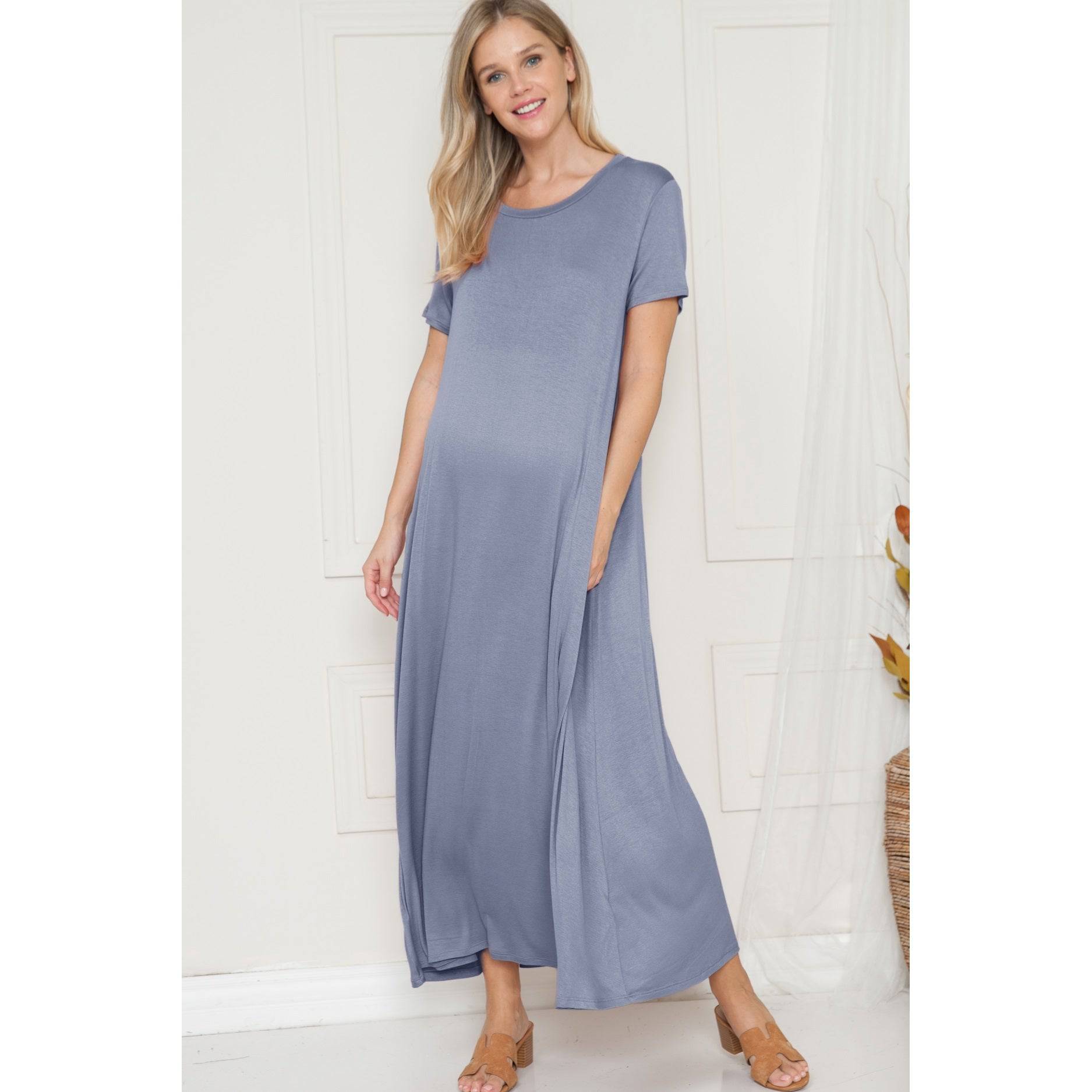 Denim Maternity Round Neck Flare Ruffle Solid Maxi Dress - Stella Lane Boutique