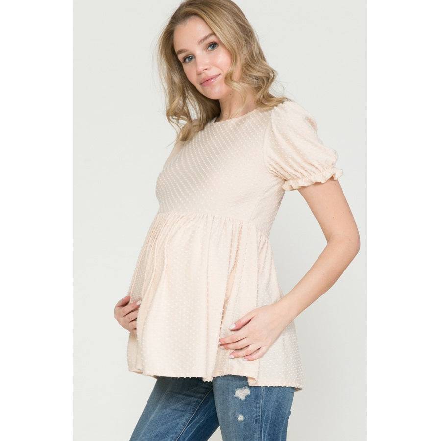 Taupe Maternity Puff Sleeve Babydoll Ruched Top - Stella Lane Boutique